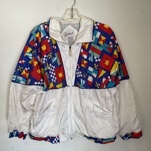 Vintage 80s Janeve Womens Nylon Geo Color Block Zip Jacket Size M Long Sleeve